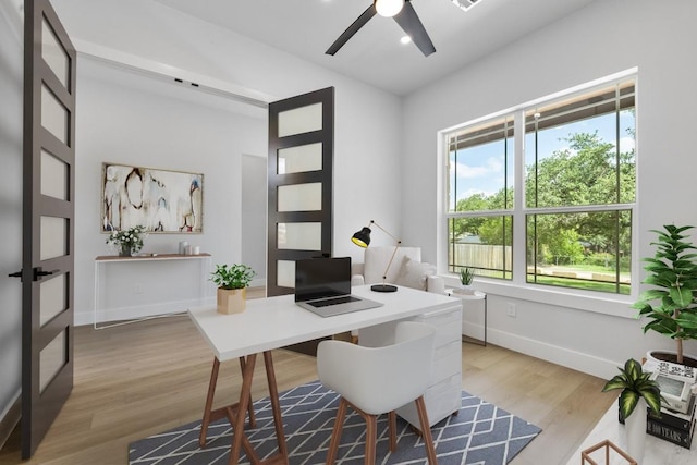 office with recessed lighting, ceiling fan, baseboards, and wood finished floors