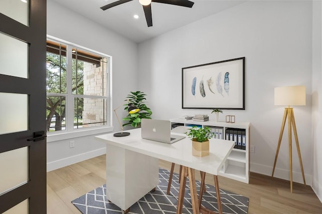 office with recessed lighting, baseboards, and light wood-type flooring