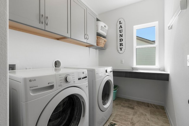 laundry area with cabinet space, baseboards, and washing machine and clothes dryer