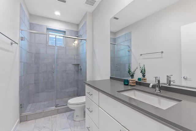 full bathroom featuring visible vents, a shower stall, toilet, marble finish floor, and vanity