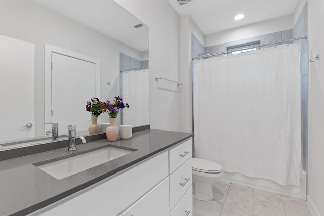 full bathroom with vanity, visible vents, shower / bath combination with curtain, toilet, and marble finish floor