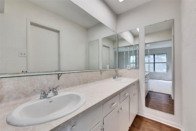 bathroom with double vanity, wood finished floors, baseboards, and a sink