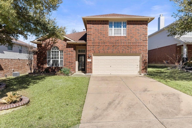 traditional-style home with a front lawn, central AC, concrete driveway, a garage, and brick siding