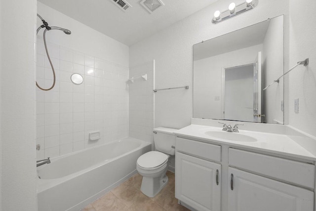 bathroom with shower / bathing tub combination, visible vents, toilet, and vanity