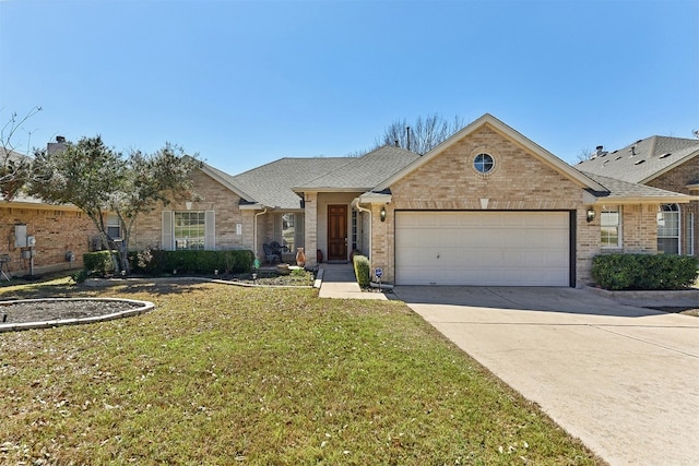 single story home with a front yard, brick siding, an attached garage, and driveway