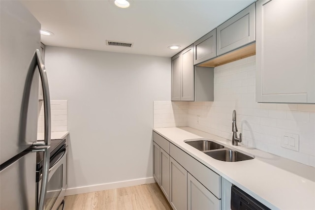 kitchen featuring visible vents, a sink, tasteful backsplash, appliances with stainless steel finishes, and light countertops