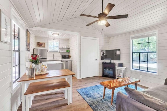 living room featuring light wood-style floors, wooden ceiling, a toaster, ceiling fan, and vaulted ceiling