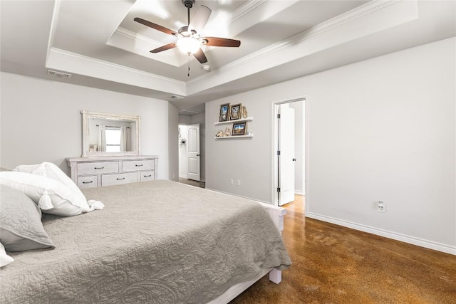 bedroom with visible vents, crown molding, baseboards, finished concrete floors, and a tray ceiling