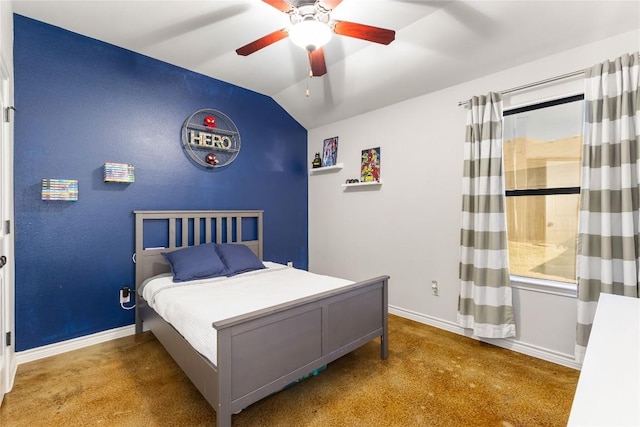 bedroom featuring a ceiling fan, baseboards, and vaulted ceiling