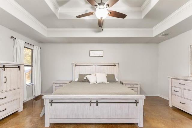 bedroom featuring a raised ceiling, baseboards, visible vents, and ornamental molding