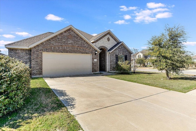 french country home with brick siding, concrete driveway, a garage, and a front yard