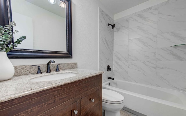 full bathroom featuring a textured wall, toilet, vanity, and shower / tub combination