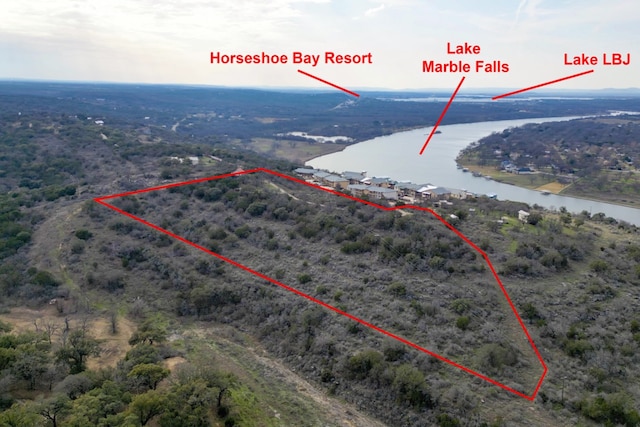 drone / aerial view featuring a wooded view and a water view