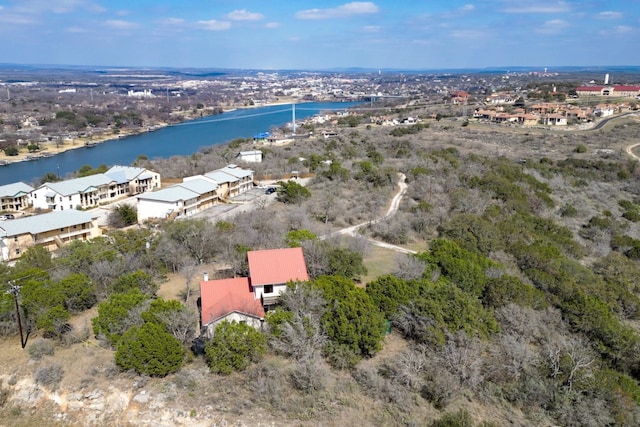 drone / aerial view with a water view