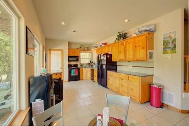 kitchen with visible vents, black appliances, backsplash, recessed lighting, and light tile patterned floors