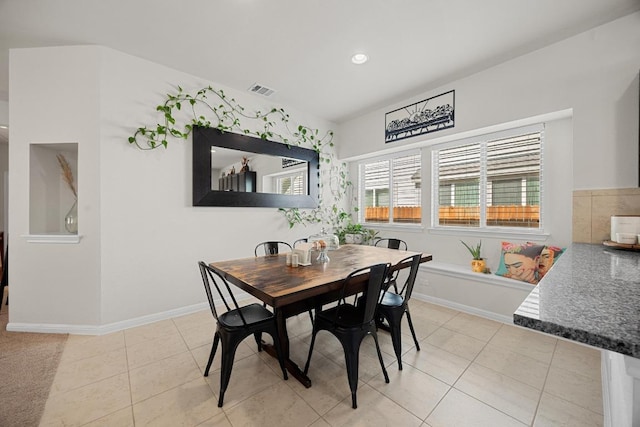 dining space featuring light tile patterned floors, visible vents, recessed lighting, and baseboards