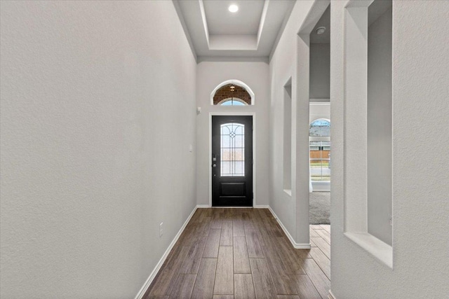 entryway featuring baseboards, a tray ceiling, a high ceiling, a textured wall, and dark wood-style floors