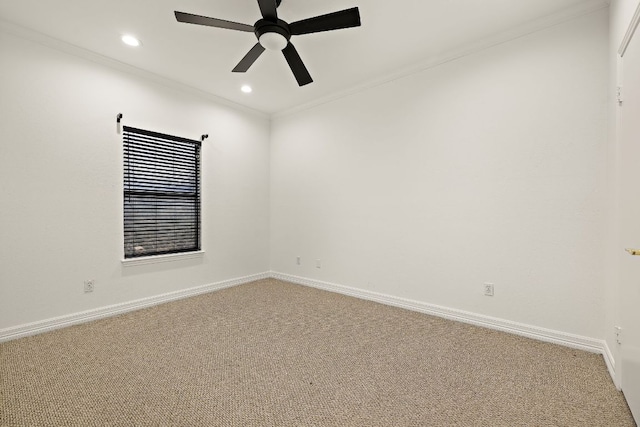 empty room featuring recessed lighting, carpet flooring, crown molding, baseboards, and ceiling fan