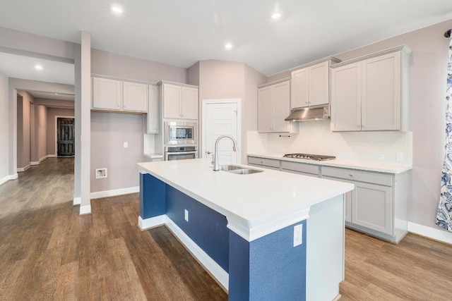 kitchen with a center island with sink, a sink, under cabinet range hood, appliances with stainless steel finishes, and dark wood-style flooring