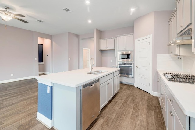 838 Kenney Fort Xing, Round Rock, TX 78665 - kitchen with appliances with stainless steel finishes, a sink, light wood-style flooring, a ceiling fan, and a kitchen island with sink
