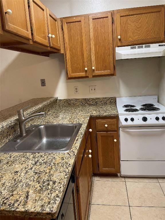 kitchen with under cabinet range hood, a sink, white range with electric stovetop, brown cabinetry, and dishwasher