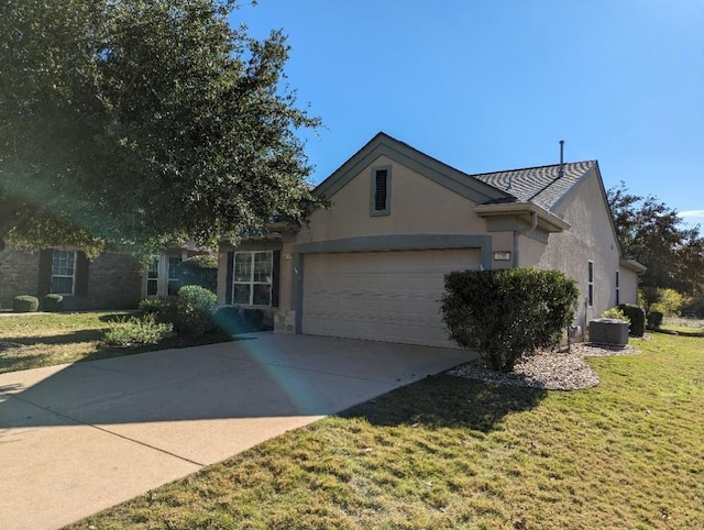 ranch-style house with stucco siding, a front lawn, cooling unit, concrete driveway, and an attached garage