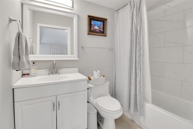1019 Allen Ave, New Braunfels, TX 78130 - full bathroom with vanity, toilet, shower / tub combo with curtain, and tile patterned floors