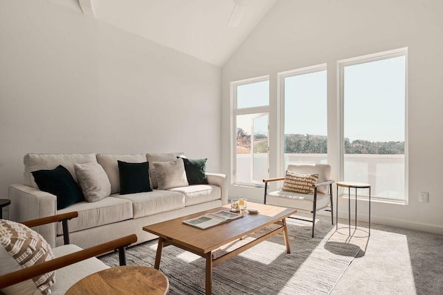 living area featuring carpet, a healthy amount of sunlight, baseboards, and high vaulted ceiling