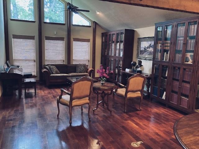 interior space with high vaulted ceiling, a ceiling fan, and wood finished floors