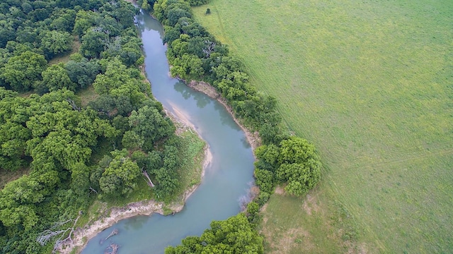 drone / aerial view featuring a forest view and a water view