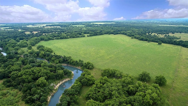 bird's eye view featuring a view of trees and a water view