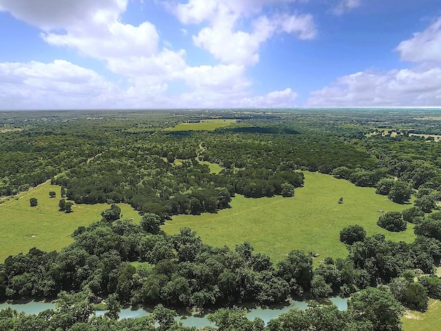 birds eye view of property featuring a wooded view