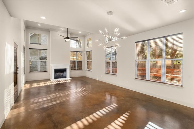 5603 Clay Ave Unit B, Austin, TX 78756 - unfurnished living room with concrete floors, a ceiling fan, a fireplace with raised hearth, a chandelier, and recessed lighting