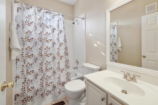 full bath featuring vanity, visible vents, tile patterned flooring, shower / tub combo, and toilet