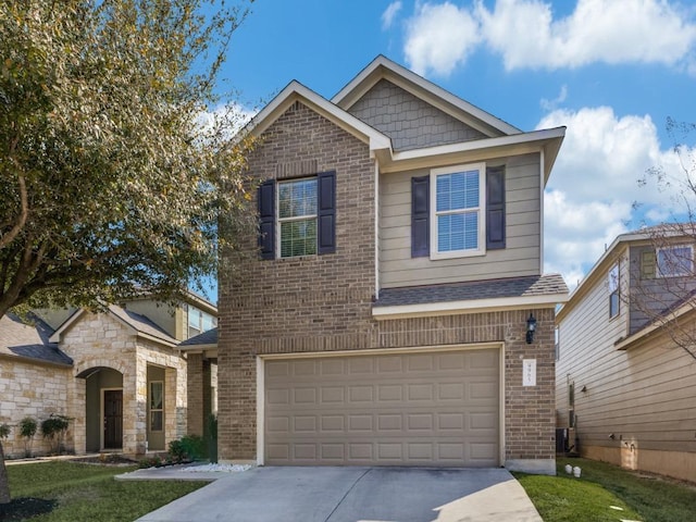 view of front of home featuring driveway, an attached garage, central AC, a front lawn, and brick siding