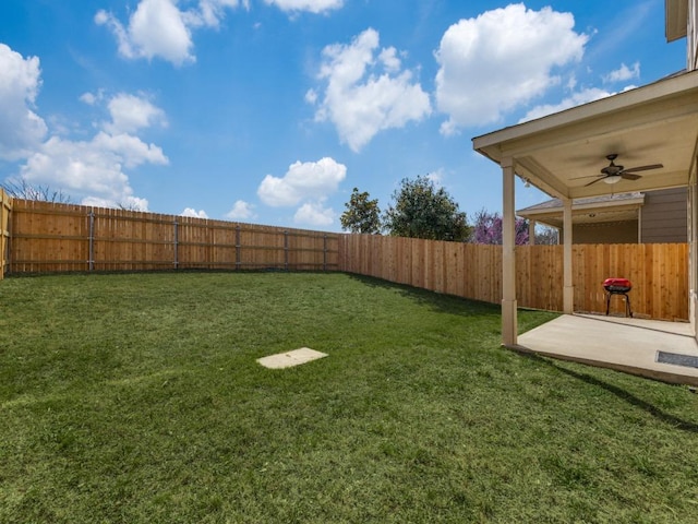 view of yard with a fenced backyard and ceiling fan