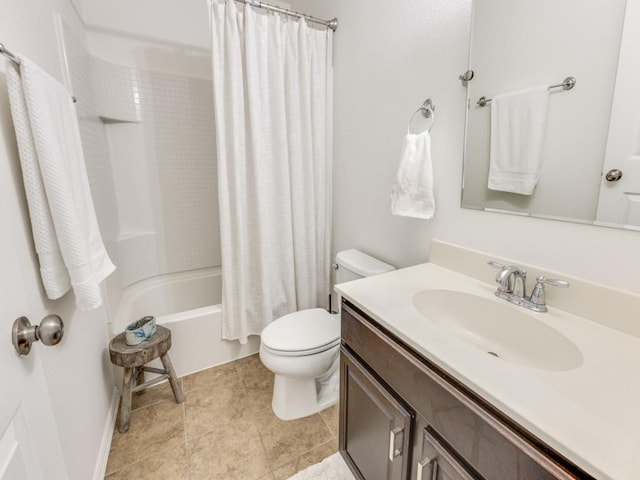 bathroom with tile patterned floors, shower / bath combination with curtain, toilet, and vanity