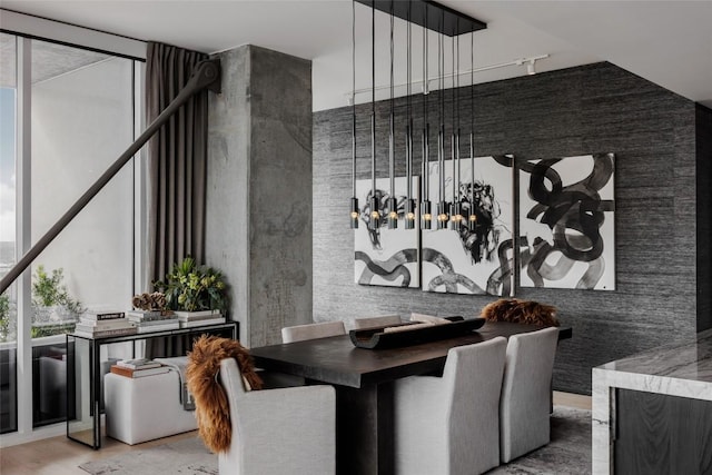 dining room featuring floor to ceiling windows and track lighting