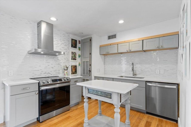 kitchen featuring visible vents, a sink, gray cabinetry, appliances with stainless steel finishes, and wall chimney range hood