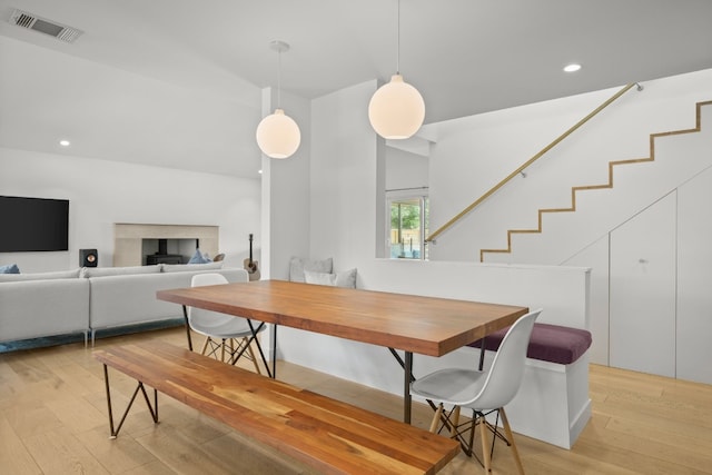 dining room featuring stairway, recessed lighting, visible vents, and light wood finished floors