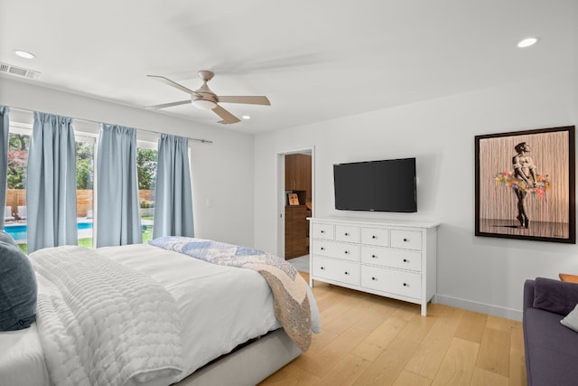 bedroom with visible vents, access to outside, recessed lighting, light wood finished floors, and baseboards