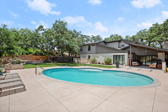 206 Duck Lake Dr, Lakeway, TX 78734 - view of pool featuring a patio area, french doors, a fenced backyard, and a ceiling fan