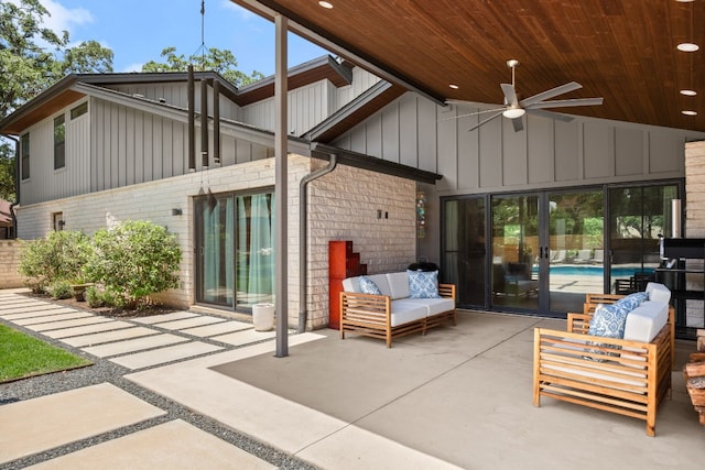 view of patio featuring an outdoor hangout area and ceiling fan