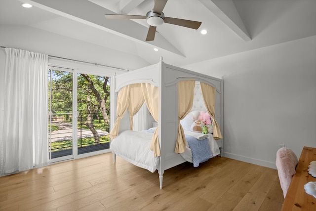 bedroom with recessed lighting, lofted ceiling, light wood-style floors, and access to exterior