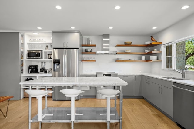 kitchen with open shelves, gray cabinets, stainless steel appliances, wall chimney exhaust hood, and a sink