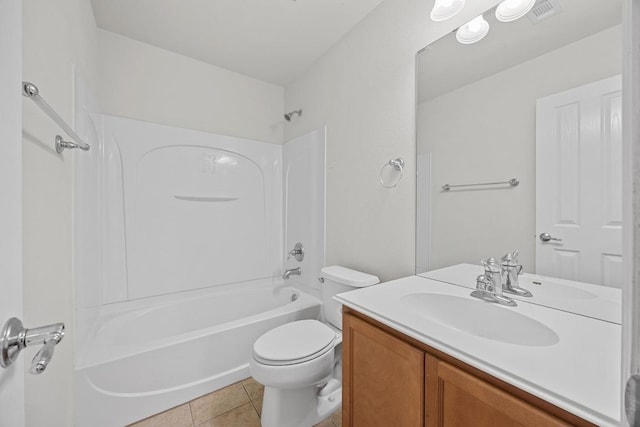 bathroom featuring visible vents, toilet, tile patterned flooring, bathing tub / shower combination, and vanity