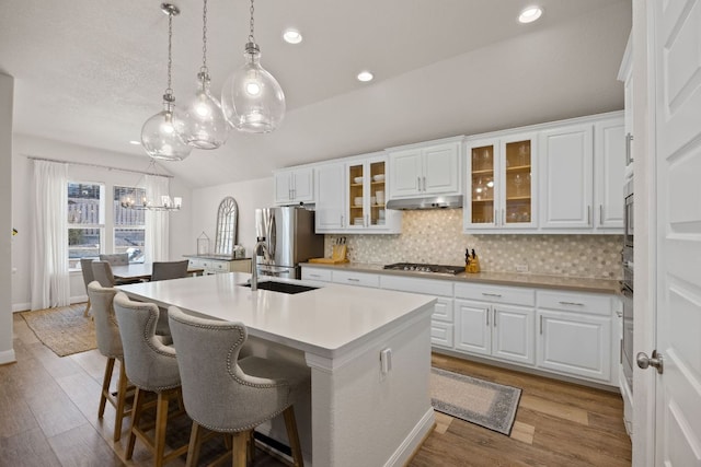 kitchen with stainless steel appliances, a kitchen island with sink, a chandelier, tasteful backsplash, and under cabinet range hood