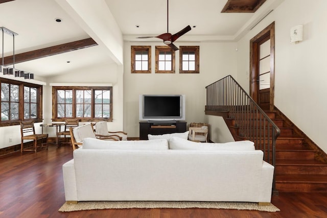 living room featuring stairway, beam ceiling, high vaulted ceiling, a ceiling fan, and dark wood-style flooring