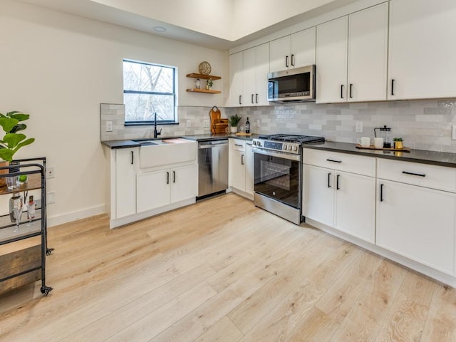 kitchen featuring light wood finished floors, a sink, appliances with stainless steel finishes, dark countertops, and tasteful backsplash