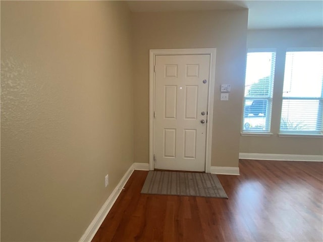 entryway with baseboards and wood finished floors